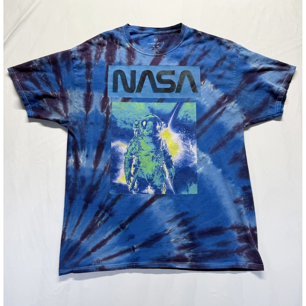 NASA Hyper Space T Shirt Mens XL Blue Tie Dye Graphic Astronaut Print Cotton